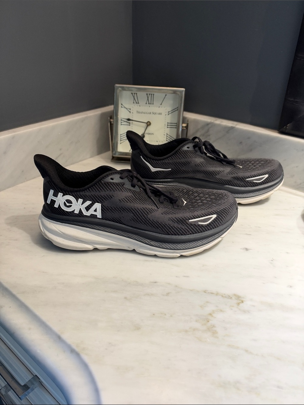 Hoka Men's Clifton 9 Black and White Performance Running Shoes